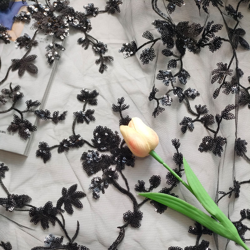 Black Plum Blossom Branch Sequin Embroidery Tulle Lace Fabric For Evening Gown Formal Occasion Dress XF6159