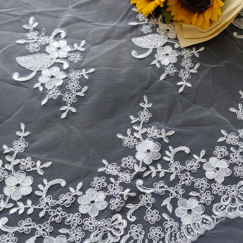 White Floral Vine Embroidery Tulle Lace Fabric With Scattered Flower Motifs For Wedding Bridal Dress XP4007