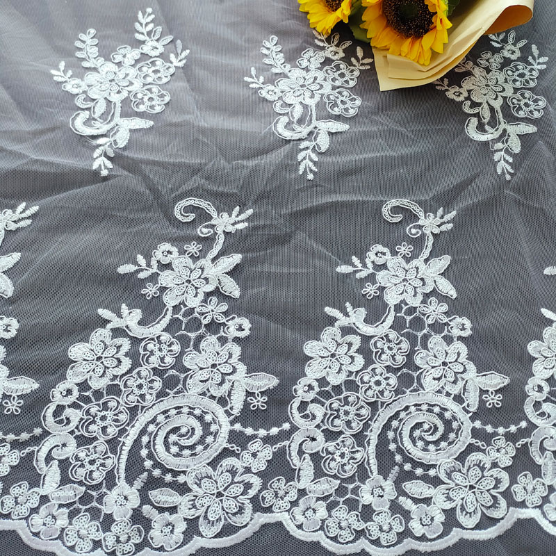 White Symmetrical Floral Scroll Embroidery Tulle Lace Fabric For Wedding Bridal Gown XP4008
