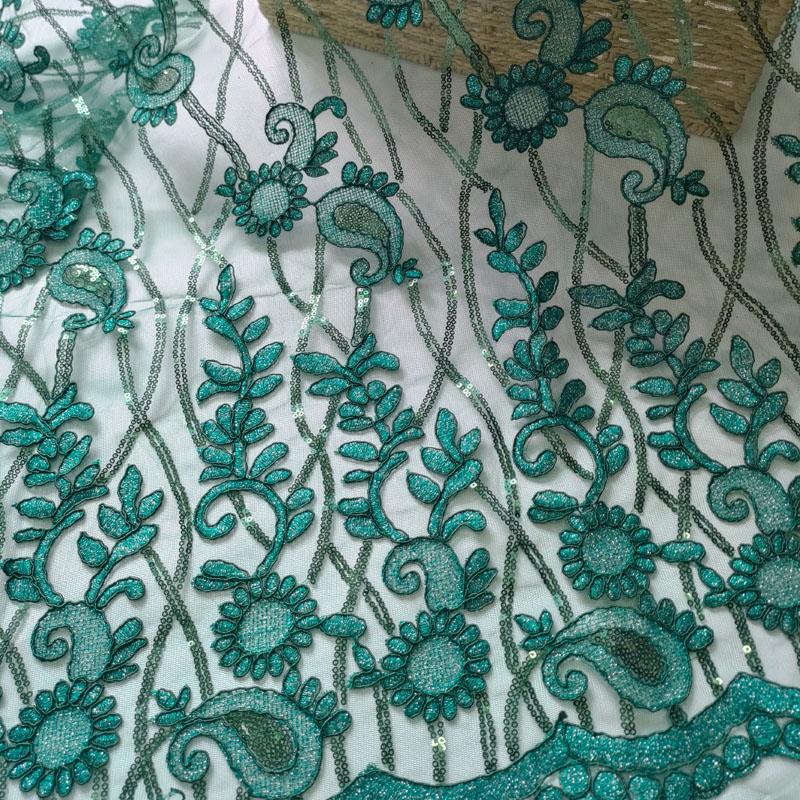 Teal Paisley Floral Sequin Embroidery Tulle Lace Fabric For Evening Gown Fashion Apparel XP4009