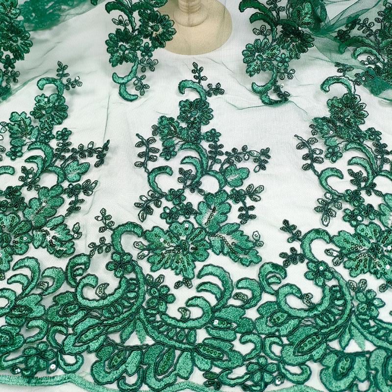 Emerald Green Baroque Floral Sequin Embroidery Tulle Lace Fabric For Evening Wedding Gown XP4010