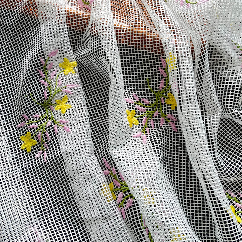 White Grid Mesh Floral Embroidery Fabric Pastel Wildflower Embroidered Net Fabric For Ladies Dress Blouse XF6170