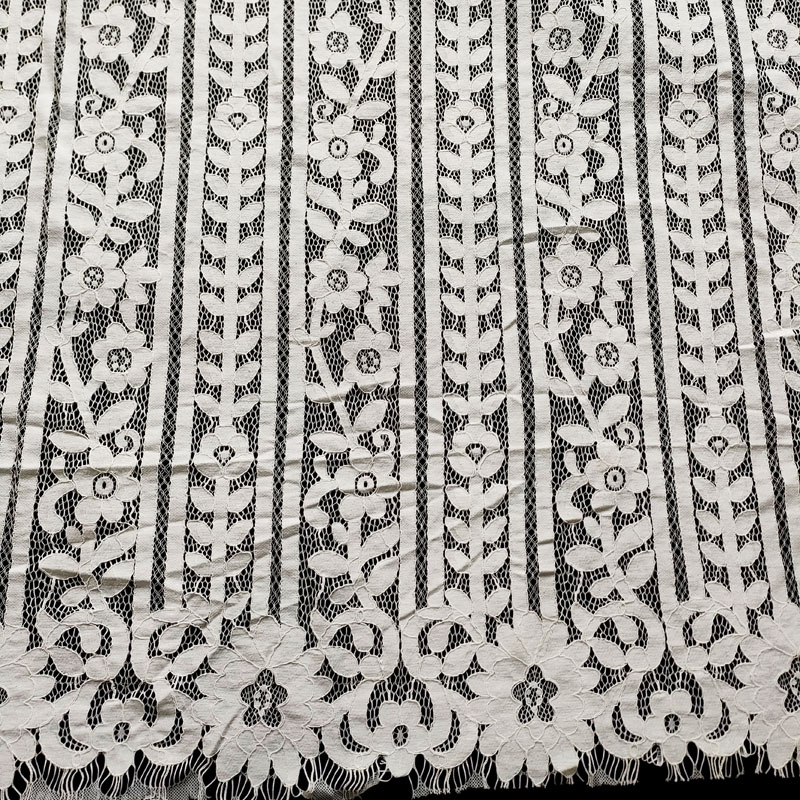 White Vertical Stripe Floral Lace Fabric Fringe Edge Lace for Wedding Dress XL716