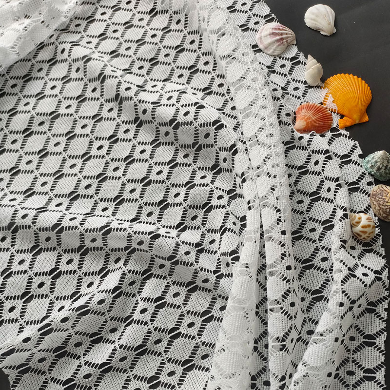White Geometric Diamond Crochet Lace Fabric, Hollow Mesh Lace for Garment & Tablecloth XL717