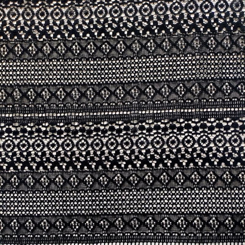 Black Multi Stripe Geometric Lace Fabric, Horizontal Striped Circle & Diamond Mesh Lace for Garment XL718