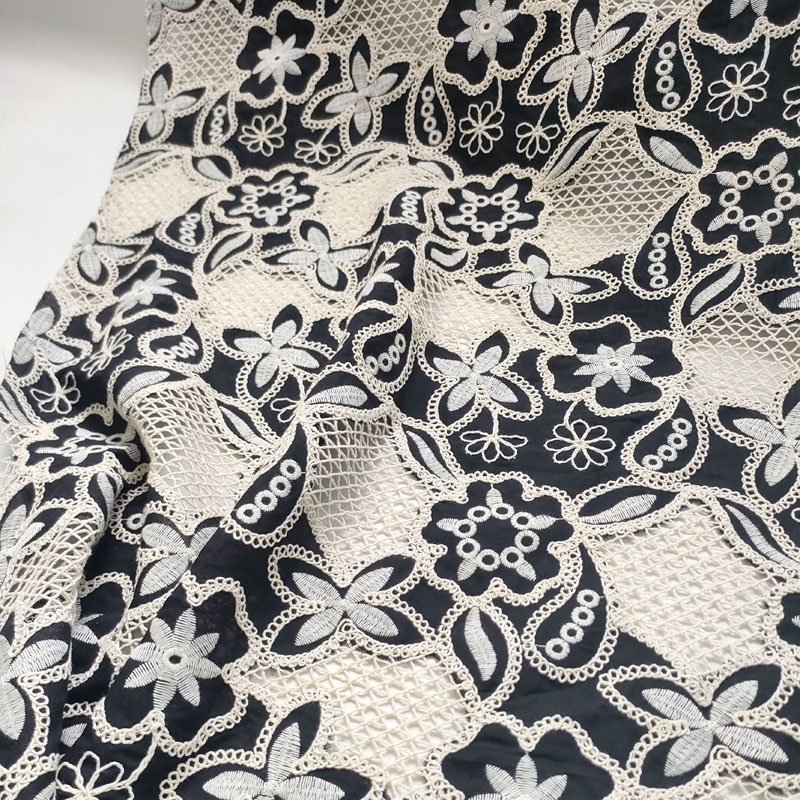 Black Cream Two-Tone Floral Guipure Lace Fabric, Water Soluble Embroidery Lace for Dresses XP4020