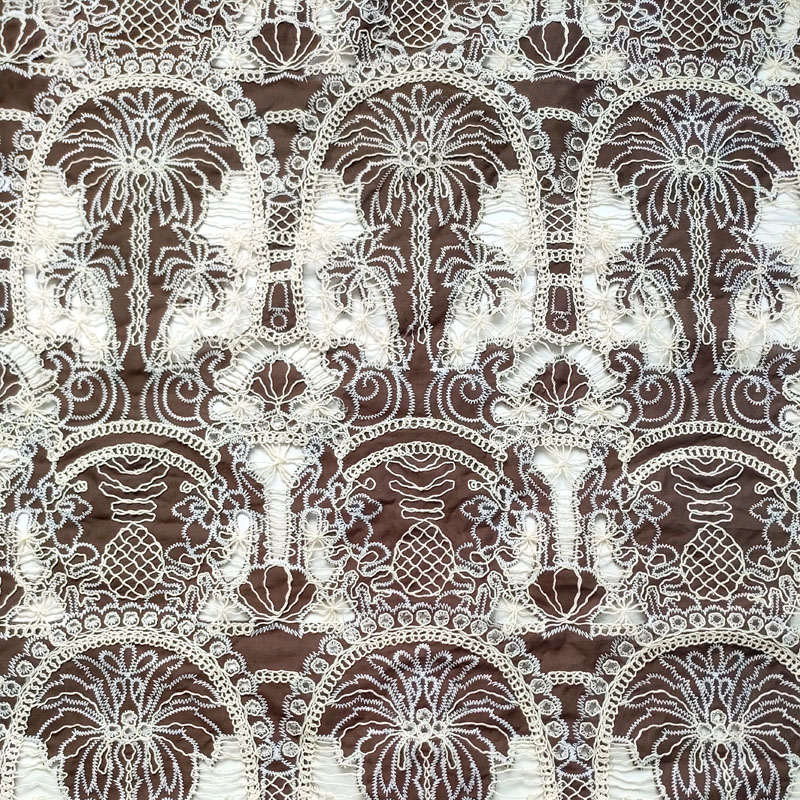 Brown Base Cream Palm & Pineapple Cutwork Embroidery Fabric Hollow Embroidered Fabric for Dresses & Resort Wear XP4021