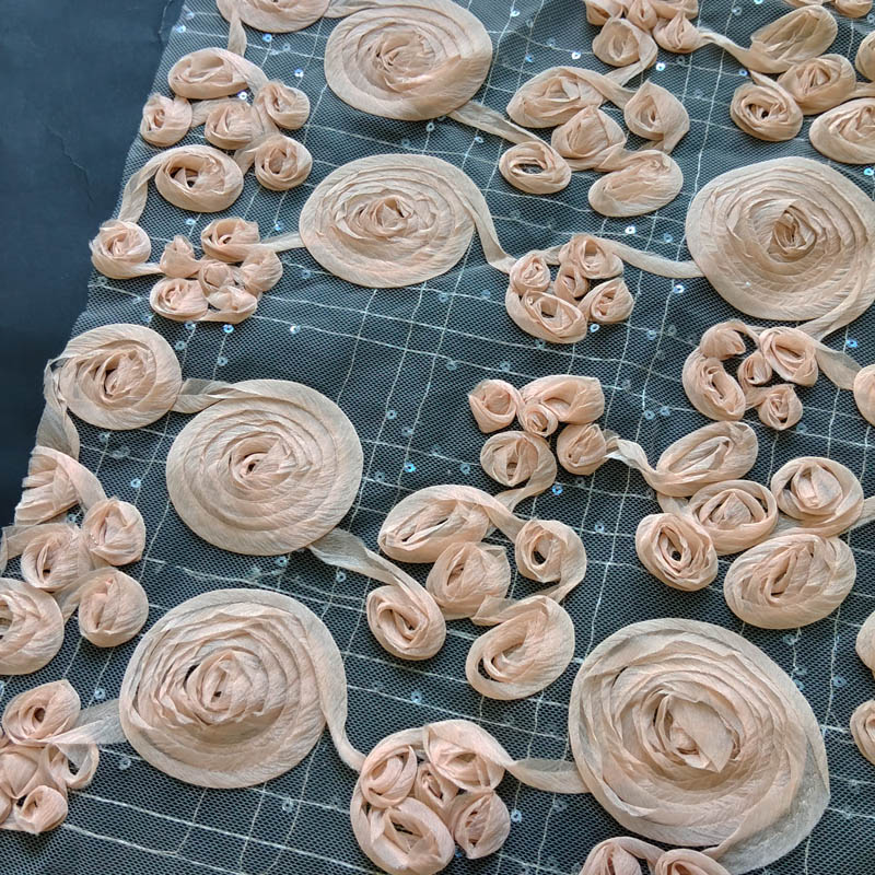 3D Rose Ribbon Embroidery Mesh Fabric, Raised Floral Tulle Fabric for Evening Dresses & Couture XP4024