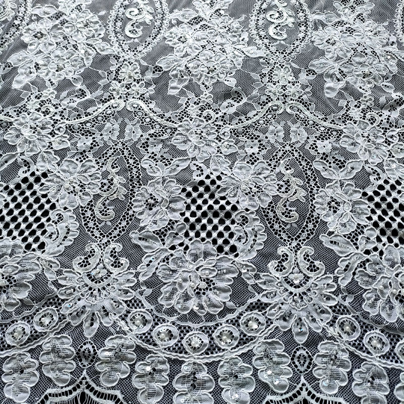 White Beaded Floral Stretch Lace Fabric Rhinestone Embellished Mesh Lace for Wedding & Evening Dresses XW5327